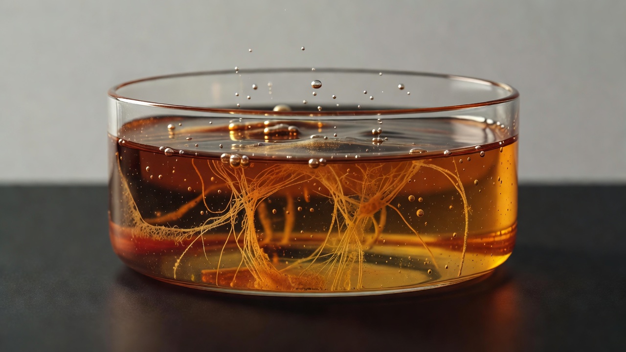 Aerial perspective of multiple small enclosed water bodies showing varying degrees of amber coloration due to organic decomposition