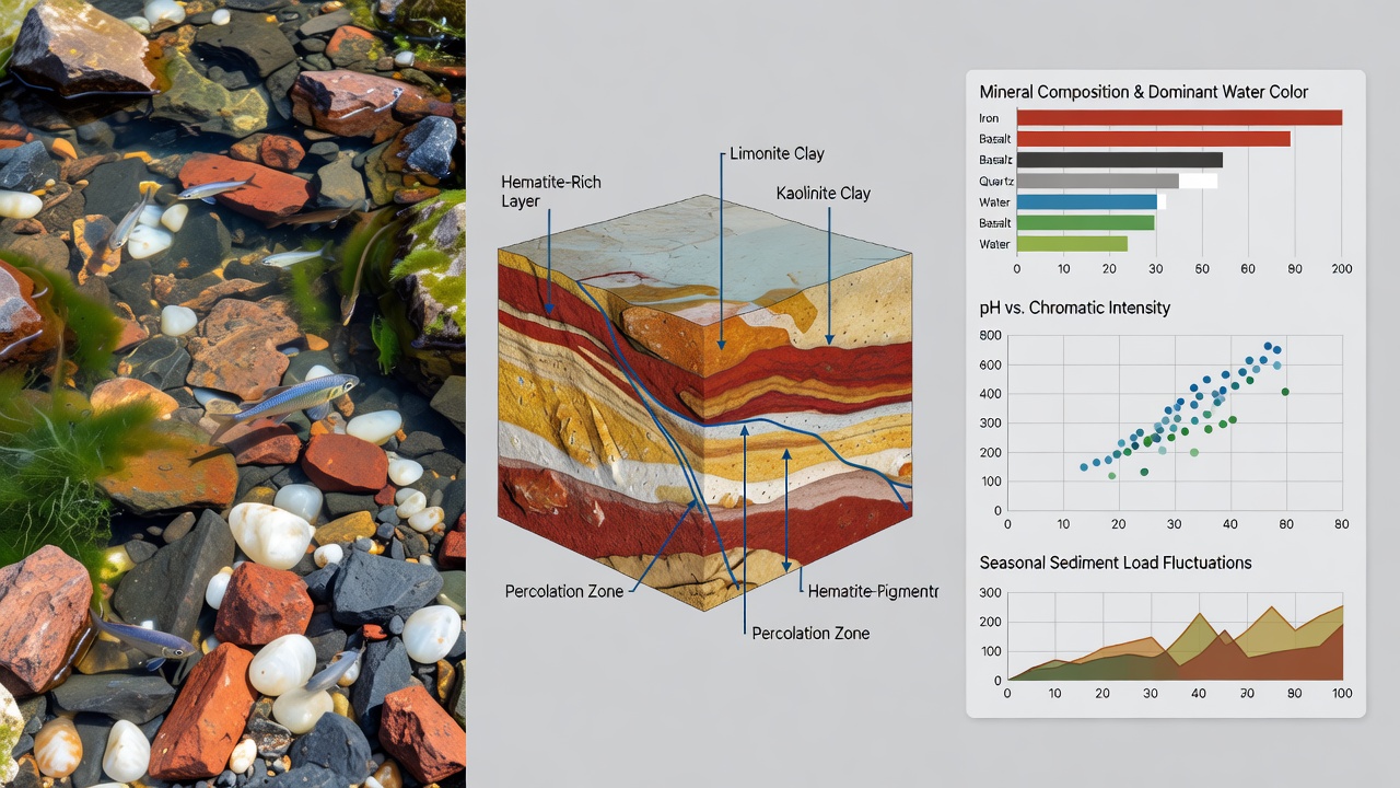 Cross-section view of pond sediments and mineral deposits illustrating coloration influences from geological layers