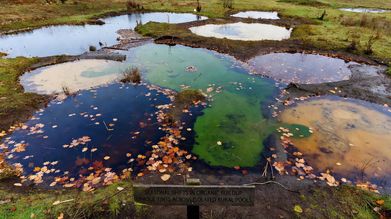 Close-up view of rural pool water with layered organic sediment producing distinct color bands